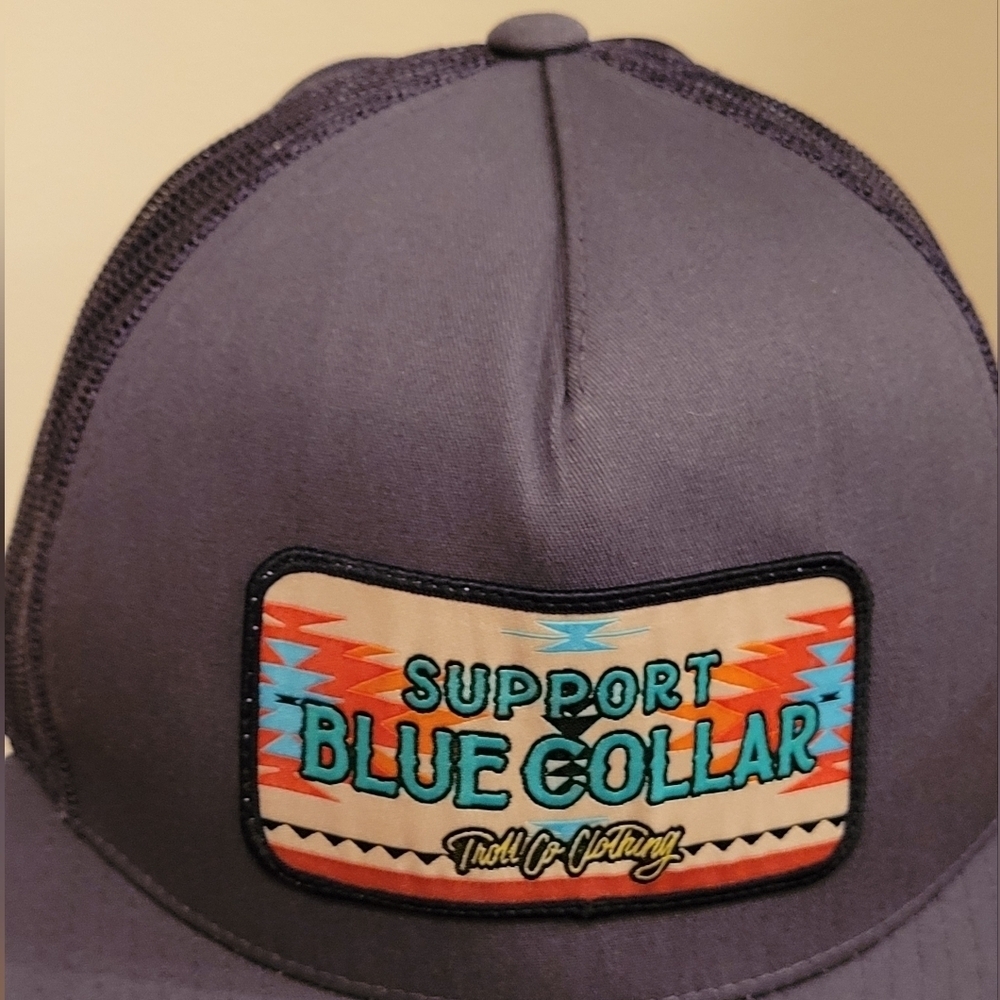 TROLL CO. CLOTHING Support Blue Collar Adjustable Snapback Meshback Trucker Cap - Picture 8 of 16